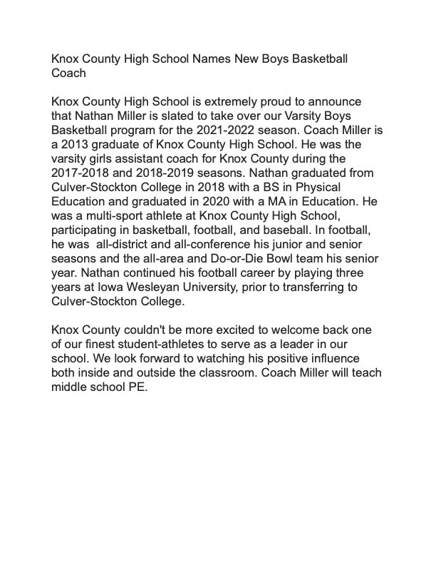 Coach Miller Press Release